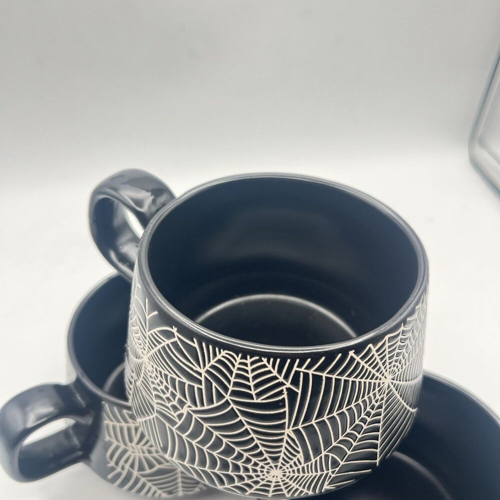 COCO + LOLA Halloween Spiderweb Set of 3 Coffee Mugs Black Cups Mug - Picture 6 of 13